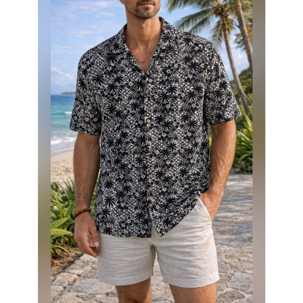 Tommy Bahama Black White Tropical Camp Shirt The Veracruz Cay Men’s Large
